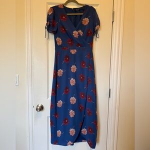 Madewell Blue Midi Dress with Red Floral Pattern